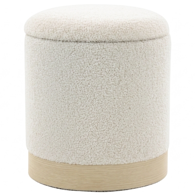 HOMCOM Taburete redondo 38 cm con forro sherpa, almacenaje y patas metálicas efecto madera, Crema
