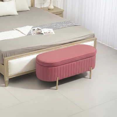 HOMCOM Banc Ovale Velours Rose avec Rangement Pieds Dorés