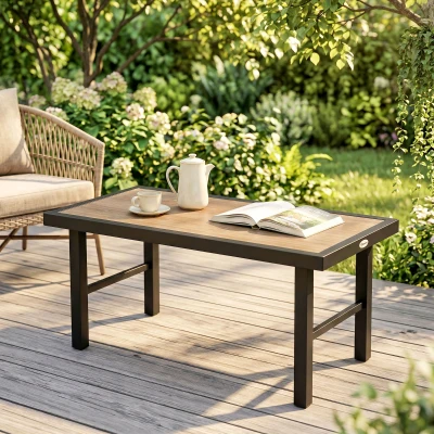 Outsunny Metal Coffee Table SPC Woodgrain 100x53cm Brown