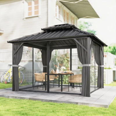 Outsunny Gazebo 3x3,6m Toit Acier Aluminium Gris Foncé
