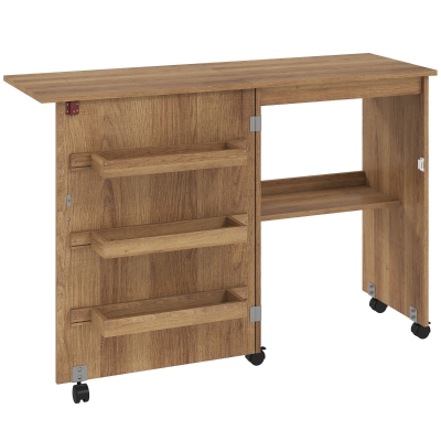 HOMCOM Table Couture Pliante Marron Rangement Étagère Roulettes