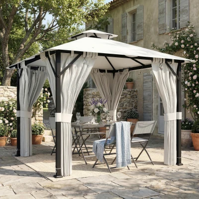 Outsunny Tonnelle 3x3m Métal Crème Double Toit avec Rideaux