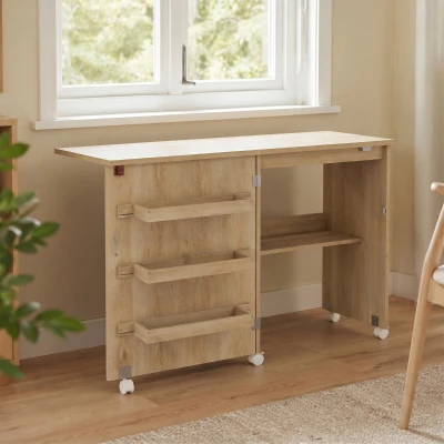 HOMCOM Table Couture Pliante Bois Naturel Rangement Roulettes
