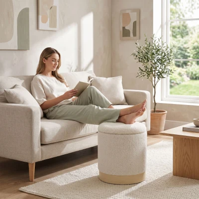 HOMCOM Taburete redondo 38 cm con forro sherpa, almacenaje y patas metálicas efecto madera, Crema