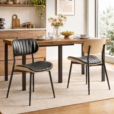 HOMCOM 2er-Set Esszimmerstühle, Stühle ohne Armlehnen, geschwungene Rückenlehne & PU-gepolsterte Sitzfläche, Schwarz