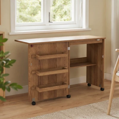 HOMCOM Table Couture Pliante Marron Rangement Étagère Roulettes