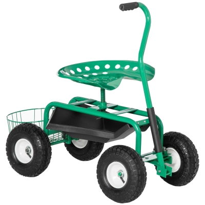 Outsunny Asiento de Jardín con Ruedas Asiento Giratorio y Ajustable en Altura Bandeja de Herramientas Cesta para Exterior Verde