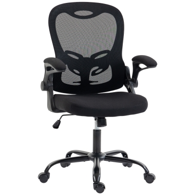 HOMCOM Silla de Oficina Ergonómica, Sillón de Malla, Reposabrazos Abatibles, Altura Ajustable, Función de Inclinación, Negra