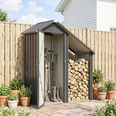 Outsunny Holzlager für draußen mit Werkzeugschrank, 0,77 m², 150x66x162 cm, aus verzinktem Stahl, Dunkelgrau