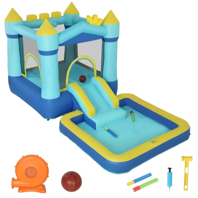 AIYAPLAY Castelo Insuflável para Crianças com Insuflador, Escorrega, Cama Elástica, Piscina e Aro de Basquetebol para Crianças dos 3 aos 8 Anos, Azul