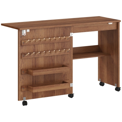 HOMCOM Folding Sewing Table with Storage & Locking Casters Brown