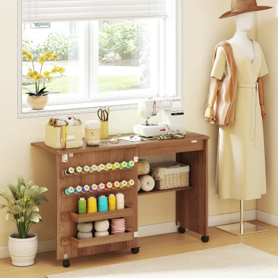 HOMCOM Folding Sewing Table with Storage & Locking Casters Brown