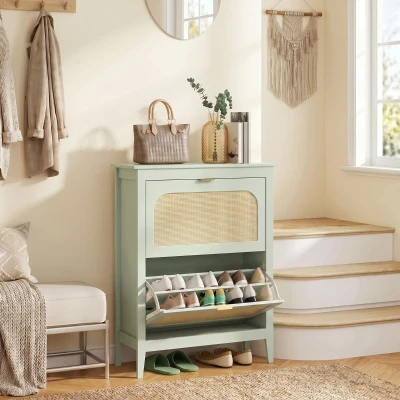 HOMCOM Slim Shoe Cabinet 2 Flip Drawers Boho 14 Pairs Light Green