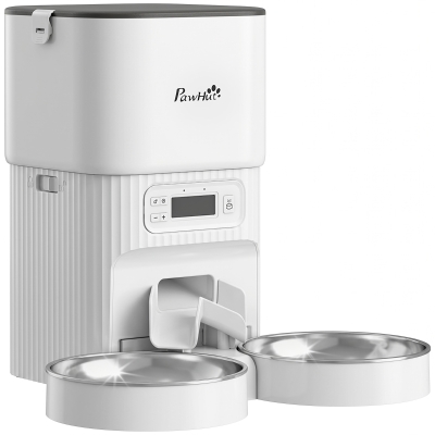 PawHut Alimentador Automático para Gatos/Cães 4L com 2 Tigelas, Dispensador de Ração 1-6 Refeições por Dia e Dupla Alimentação