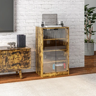HOMCOM Hi-Fi Stand 4-Tier Adjustable Shelves Glass Doors Rustic Brown