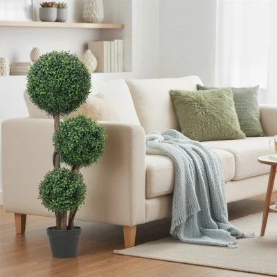 HOMCOM Plante Artificielle 3 Boules Tronc Bois Pot 100cm Vert