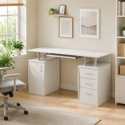 HOMCOM Escritorio de ordenador, escritorio informático 120 x 55 cm con bandeja para teclado, 3 cajones, para dormitorio, hogar, blanco