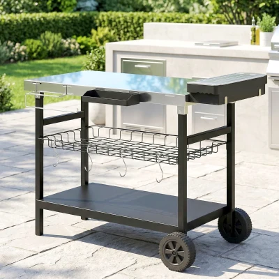 Outsunny Desserte Jardin 3 Niveaux Inox Roues 114x61x81cm Noir