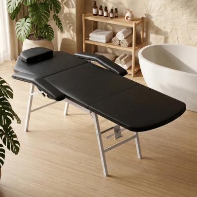 HOMCOM Masă de masaj pliabilă, pat de masaj 3 zone portabil 182 x 62 cm cu tetieră și cotiere detașabile, negru