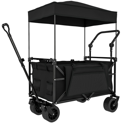 Outsunny Carro de Jardín Plegable con Ruedas Grandes Bloqueables Barra Ajustable Portavasos para Campaña 125x59x133 cm Negro