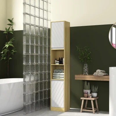 HOMCOM Columna de Baño Estrecha con 2 Puertas y 2 Estantes Abiertos, para Espacios Pequeños, 30x24x170 cm, Roble y Blanco