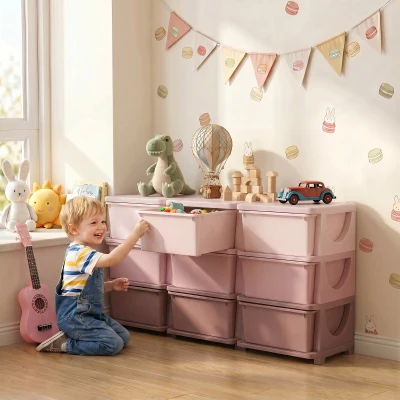HOMCOM Kids Storage Unit with 9 Drawers Pink