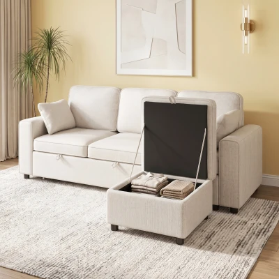 HOMCOM Eck-Schlafsofa aus Chenille, Modulares 3‑Sitzer-Schlafsofa 225 cm mit Aufbewahrungs-Pouf, Beige