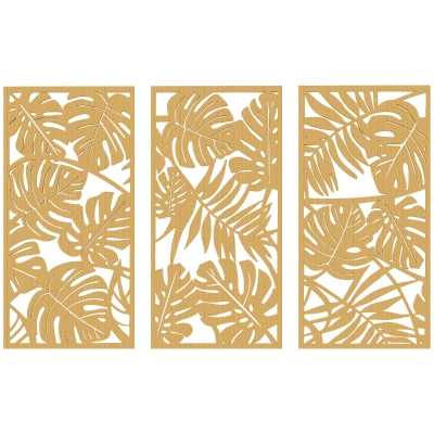 HOMCOM Decoración de Pared de Madera 3D 3 Piezas 40x80 cm Adornos de Pared con Patrón de Hojas Tropicales Madera Natural