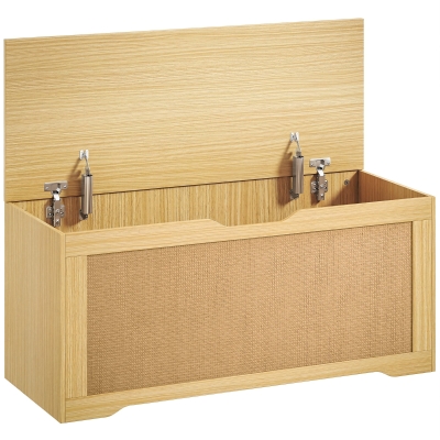 HOMCOM Baúl de Almacenaje 108L Banco de Almacenaje con Panel de Ratán Tapa Brazos de Soporte para Recibidor 80x40x45cm Roble