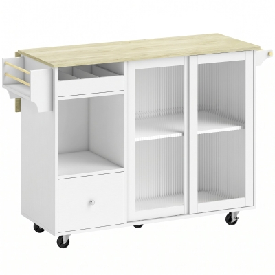 HOMCOM Isla de Cocina con Encimera Abatible Ruedas Puertas Correderas de Vidrio Botellero Cajón Especiero Estante Ajustable