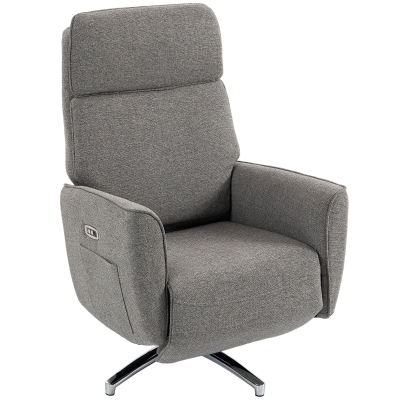 HOMCOM Fauteuil Relax Pivotant Inclinable USB Tissu Lin Gris