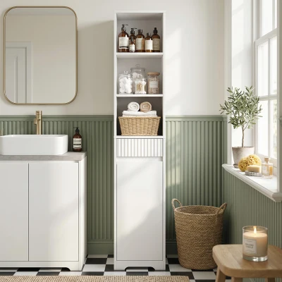 HOMCOM Armario de Baño Alto con Cajón Diseño Acanalado Estante Ajustable Estantes Abiertos para Espacios Pequeños Blanco