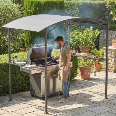 Outsunny Cenador para Barbacoa de 2,4 x 1,5 m Cenador de Pérgola Exterior con 2 Estantes Laterales y Ganchos Gris Oscuro