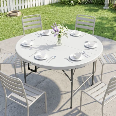Outsunny Tavolo da Giardino Pieghevole e Rotondo Grigio e Bianco
