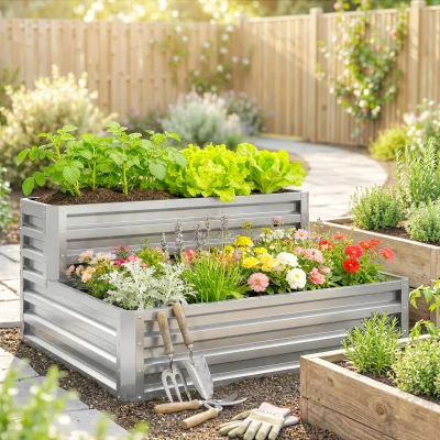 Outsunny Jardinera Exterior de Acero Galvanizado con Diseño de Escalera Base Abierta para Cultivos Plantas 120x101x58 cm Plata