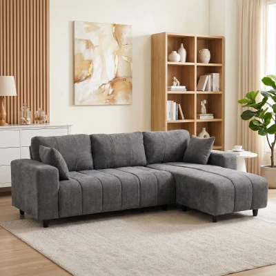 HOMCOM Sofá Esquinero Modular 242 cm 3 Plazas en L con Chaise Longue Reversible 2 Cojines Tejido Efecto Lino Gris
