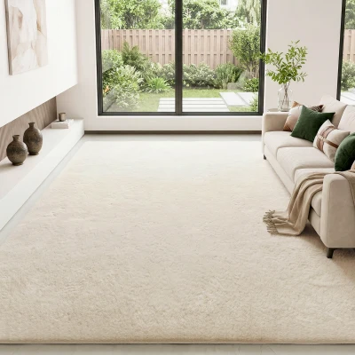 HOMCOM Alfombra Salón 120x160 cm Lavable en Lavadora Pelo Largo Estilo Moderno Tapete para Sala de Estar Dormitorio Crema