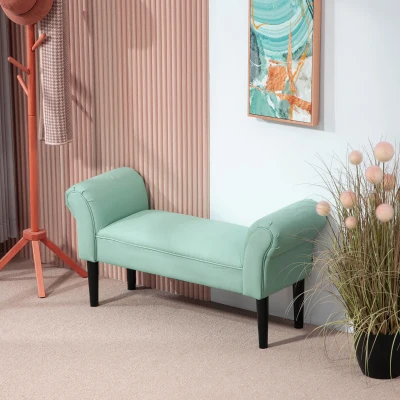 HOMCOM Banco Pie de Cama Tapizado en Lona con Patas de Madera Reposabrazos y Asiento Acolchado Verde Claro