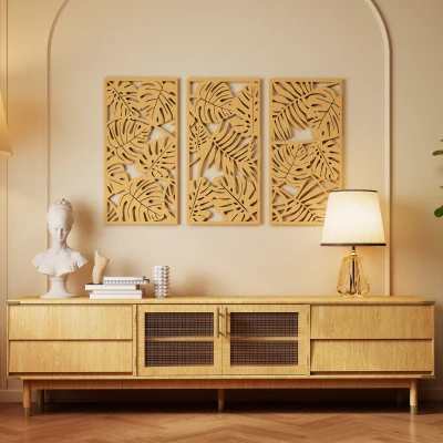 HOMCOM Decoración de Pared de Madera 3D 3 Piezas 40x80 cm Adornos de Pared con Patrón de Hojas Tropicales Madera Natural