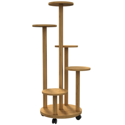 Outsunny Soporte para Plantas de Bambú con Ruedas de 5 Niveles Estantería Redonda para Plantas para Esquina 33x33x90 cm Natural