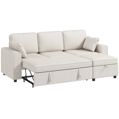 HOMCOM Eck-Schlafsofa aus Chenille, Modulares 3‑Sitzer-Schlafsofa 225 cm mit Aufbewahrungs-Pouf, Beige