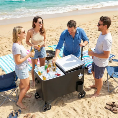 Outsunny Carrinho Frigorífico de 56L com Rodas Pega Ajustável Abre-garrafas Recolhedor de Tampas Dreno 75x35x120 cm Preto