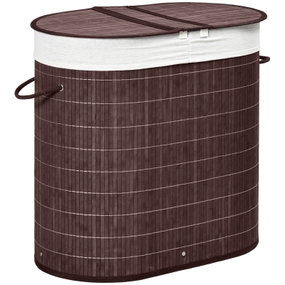 HOMCOM Bamboo Laundry Basket 2-Compartment Removable Liner Brown