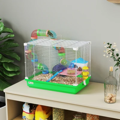 PawHut Jaula para Hámster con Túnel Cuenco Bebedero Casita Rampa Rueda de Ejercicio Bandeja Extraíble 46x30x37 cm Verde
