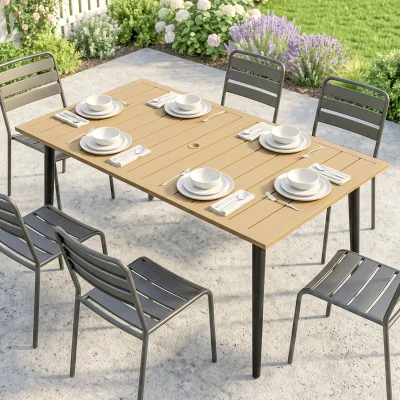 Outsunny Gartentisch 150x90cm, Wetterfest Balkontisch aus Stahl, Balkontisch mit Schirmloch Braun
