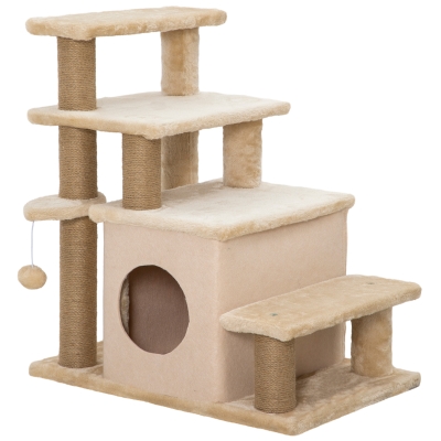 PawHut Huisdierentrap, Krabpaal, 4 treden, Speelbal, Huisje, Verstelbaar in hoogte, 60 x 40 x 66 cm, Beige