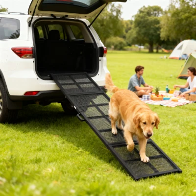 PawHut Klappbare Hunderrampe aus Stahl, Hundetreppe mit rutschfester Oberfläche, Tragkraft 180 kg, 191 x 50 x 4 cm, Schwarz