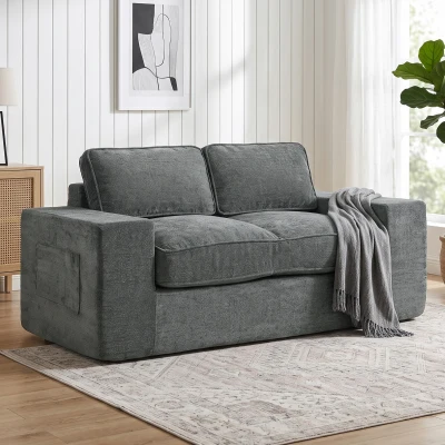 HOMCOM 2-Sitzer Sofa mit Chenillebezug, Wohnzimmer-Sofa 156 cm, breite gepolsterte Sitzfläche und Armlehnen, 2 Kissen, Grau