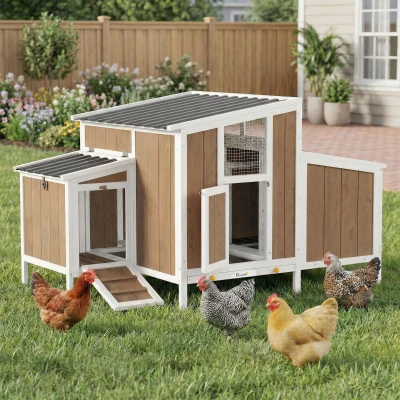 PawHut Gallinero para Exterior de Madera 145x90x92 cm para 2-4 Gallinas con Nido Casa Lateral Bandeja Extraíble Marrón Claro
