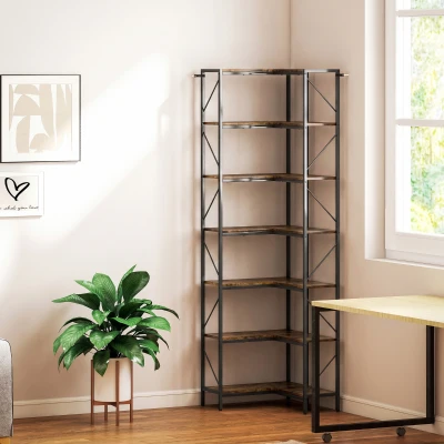 HOMCOM Bibliothèque d'Angle 7 Niveaux Brun Rustique 60x60x198 cm